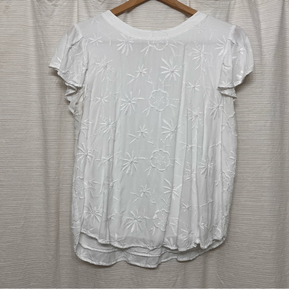 LOFT White Embroidered Flutter-Sleeve Blouse